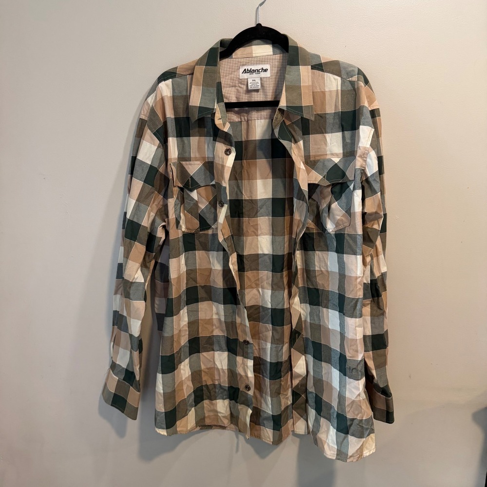 Ablanche New York Mens 2XL Plaid‎ Button Down Shirt Brown Green Long Sleeve